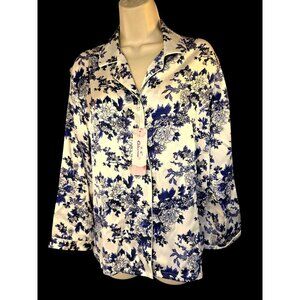 Qeanou Mulberry Silk PJ Top Women US Sz M Blue Floral Btn Up Shirt Asian L NWT